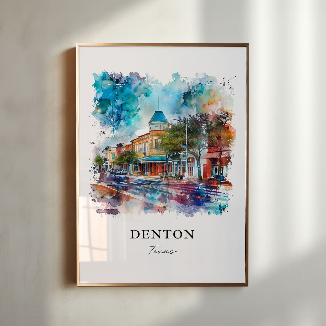 Denton Texas Watercolor Downtown Turquoise Cupola Scene Poster