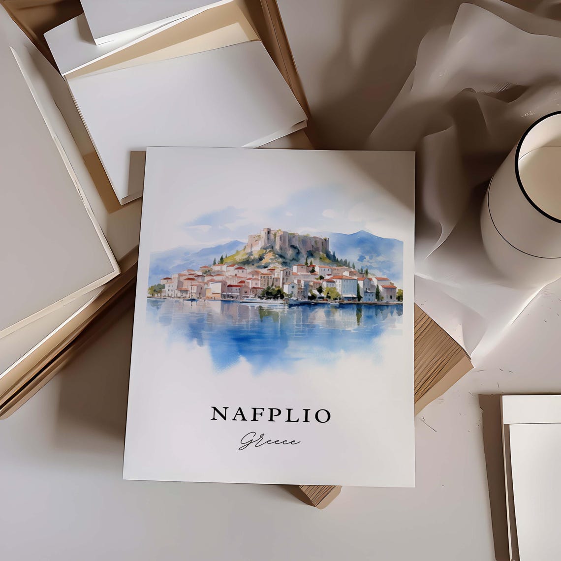 Nafplio Greece Watercolor Waterfront Town Hilltop Fortress View Poster - Image 2