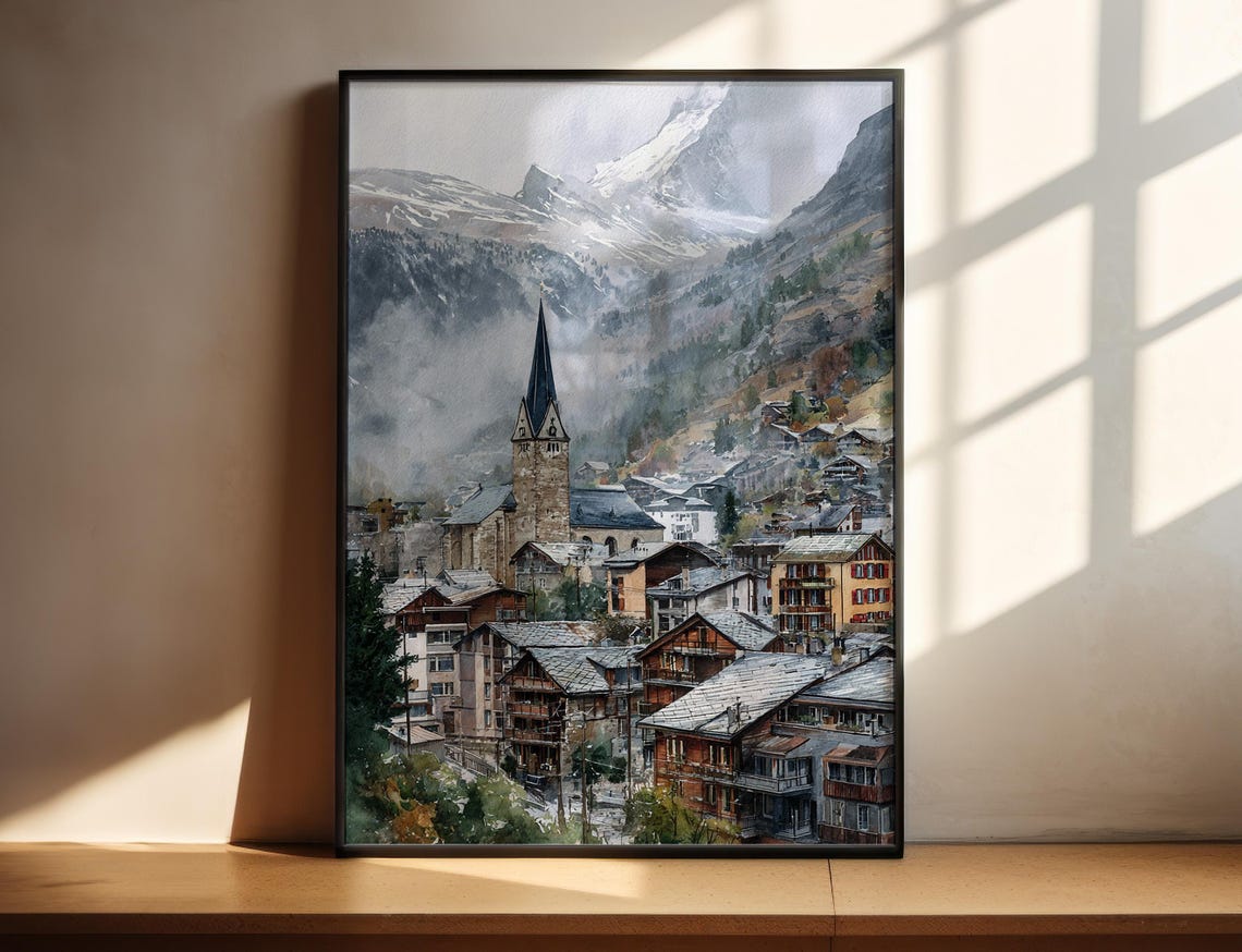 Zermatt Matterhorn Alpine Village Stunning Scenic Watercolor Poster