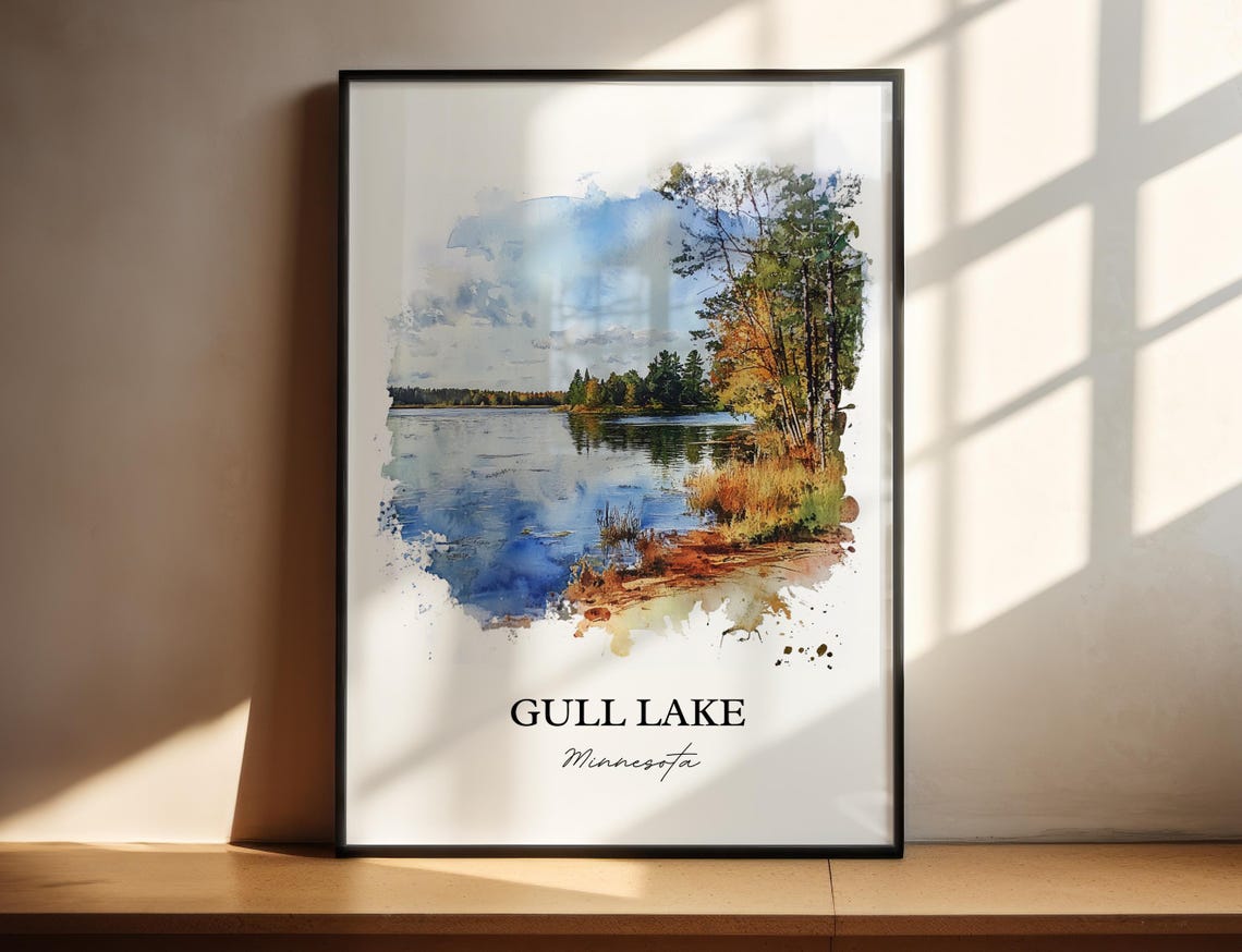 Gull Lake Minnesota Tranquil Lakeshore Birch Watercolor Poster