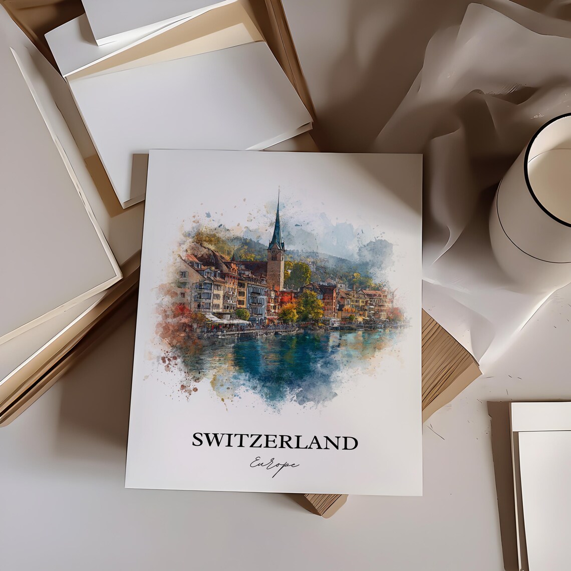 Switzerland Europe Lakeside Church Tower Watercolor Travel Poster - Image 2