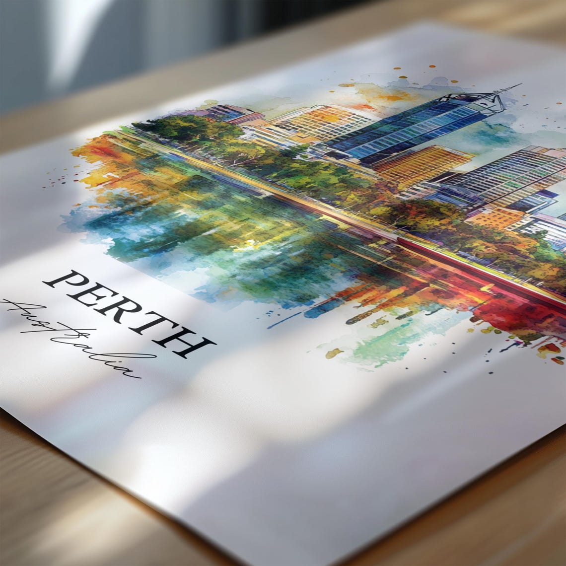 Perth Australia Skyline River Reflection Watercolor Splash Art Poster - Image 5