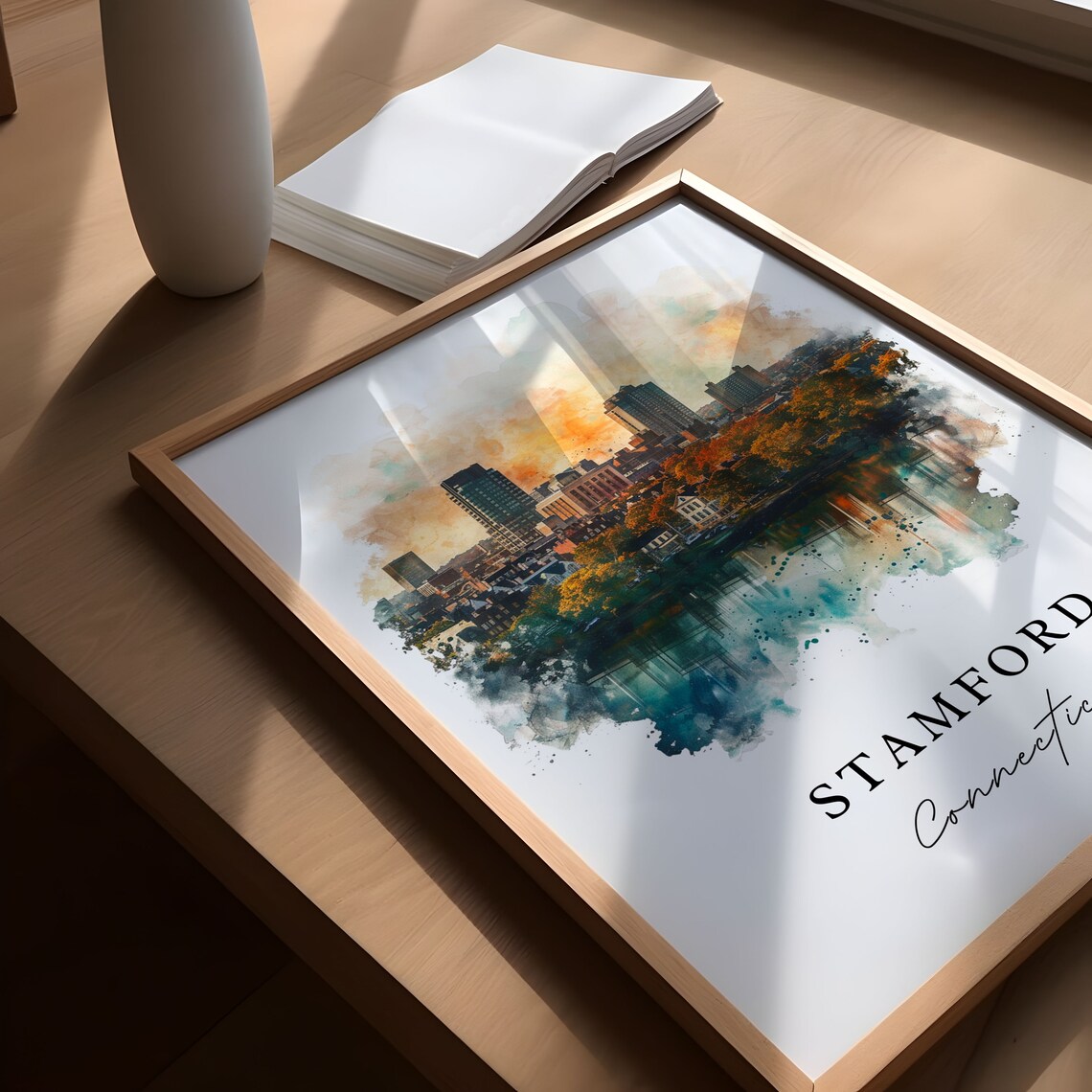 Stamford Connecticut Skyline Reflection Watercolor City Art Poster - Image 5