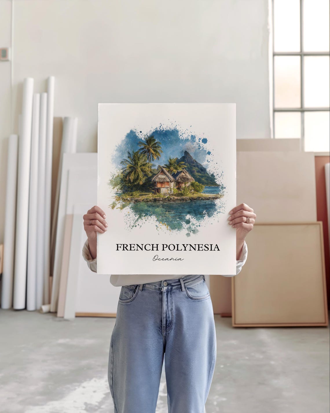 French Polynesia Thatched Huts Lagoon Watercolor Travel Poster - Image 4