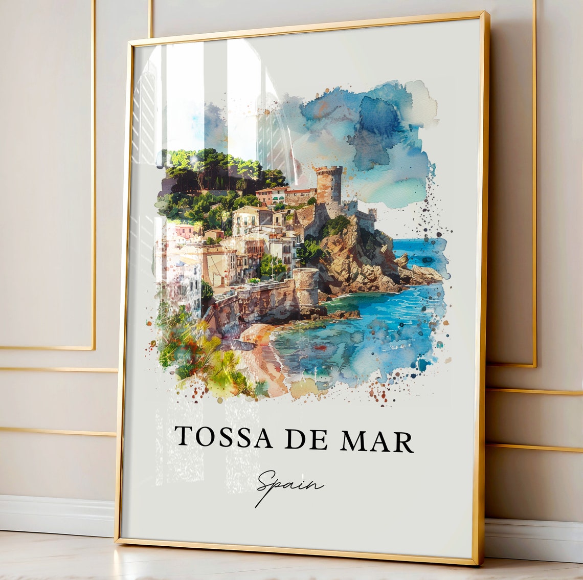 Tossa de Mar Spain Medieval Tower Coastal Watercolor Beach Poster - Image 4