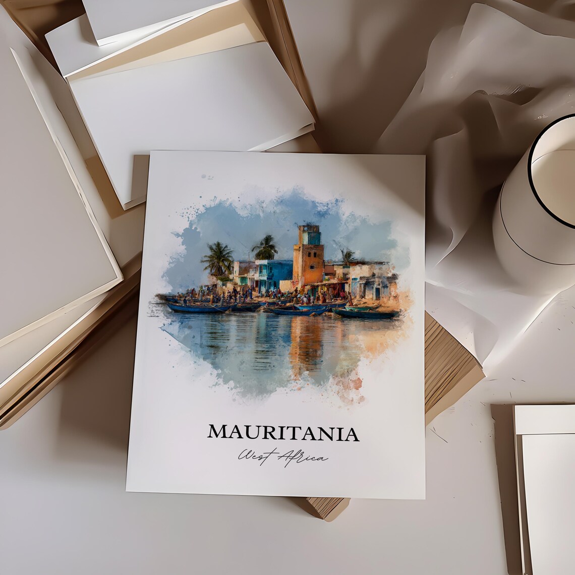 Mauritania West Africa Harbor Boats Waterfront Watercolor Poster - Image 3