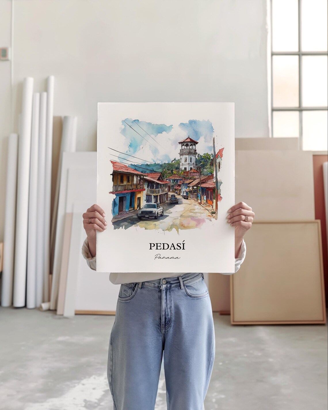 Pedasi Panama Colorful Street Bell Tower Colonial Watercolor Poster - Image 3