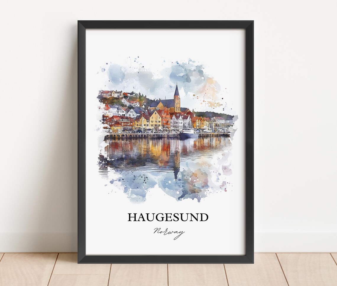 Haugesund Norway Watercolor Harbor Town Church View Travel Poster - Image 3