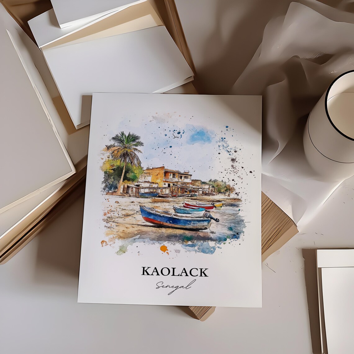 Kaolack Senegal Fishing Boats Beach Watercolor Travel Art Poster - Image 3