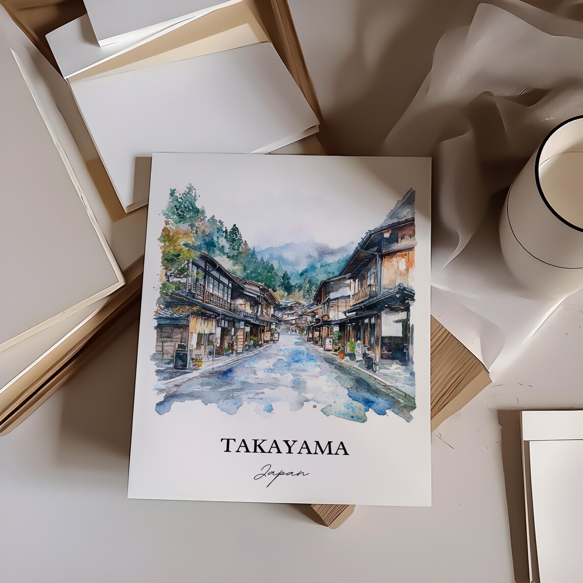 Takayama Japan Watercolor Old Town Street Wooden Houses Poster - Image 2