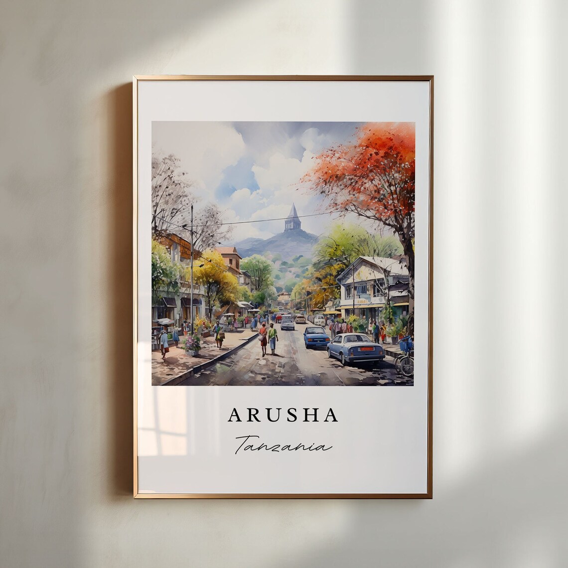 Arusha Tanzania Busy Street Scene Mountain Watercolor Poster - Image 4