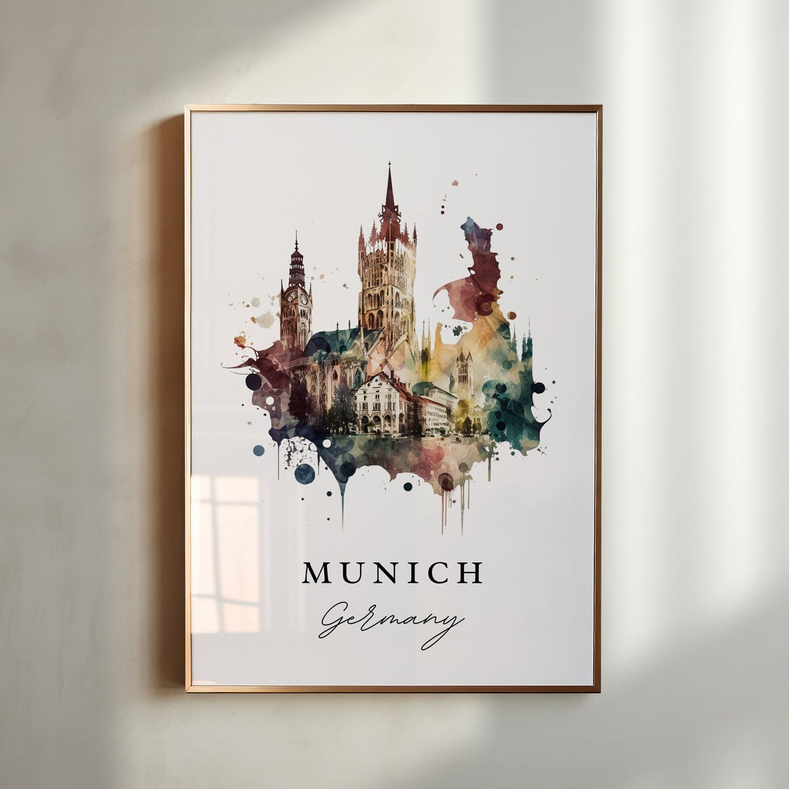 Munich Germany Watercolor Abstract Splash Skyline Church Spires Poster