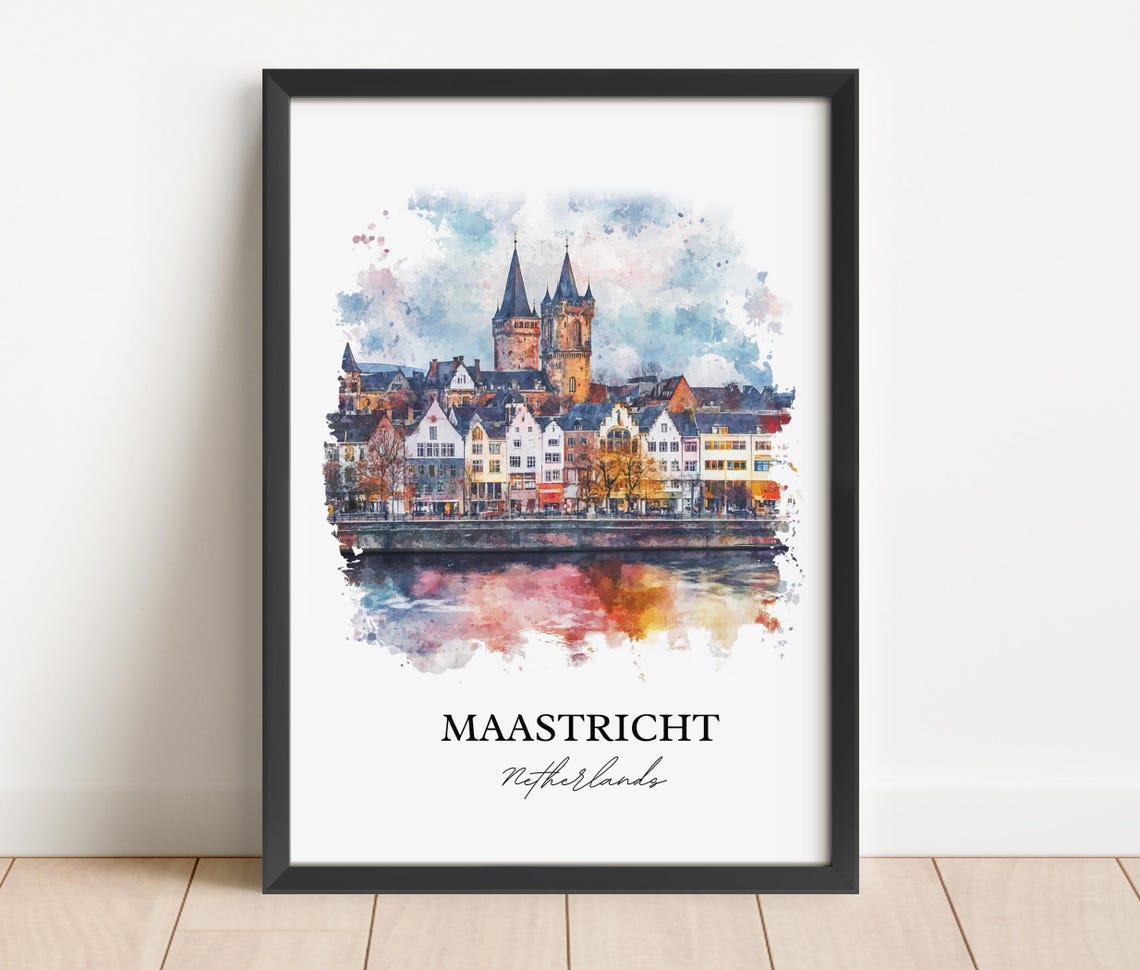 Maastricht Netherlands Riverside Old Town Watercolor Travel Poster - Image 2