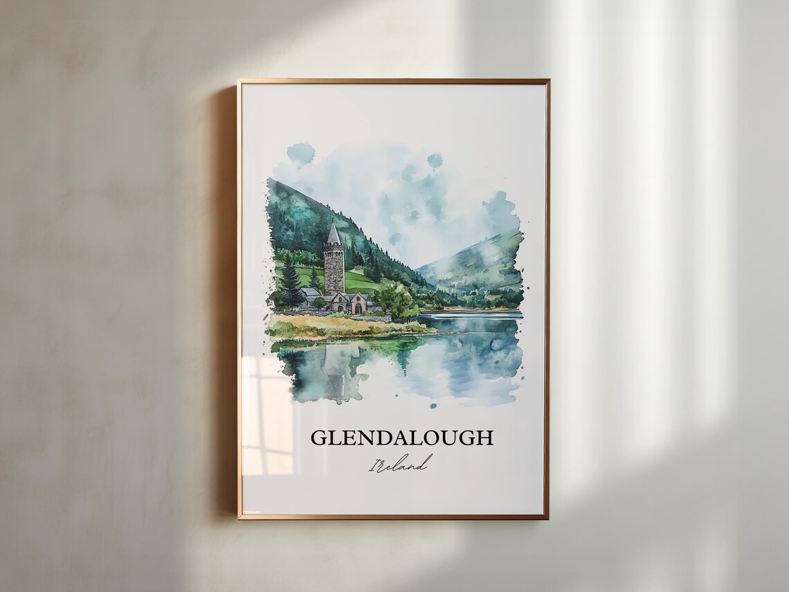 Glendalough Ireland Round Tower Lake Watercolor Travel Poster - Image 3