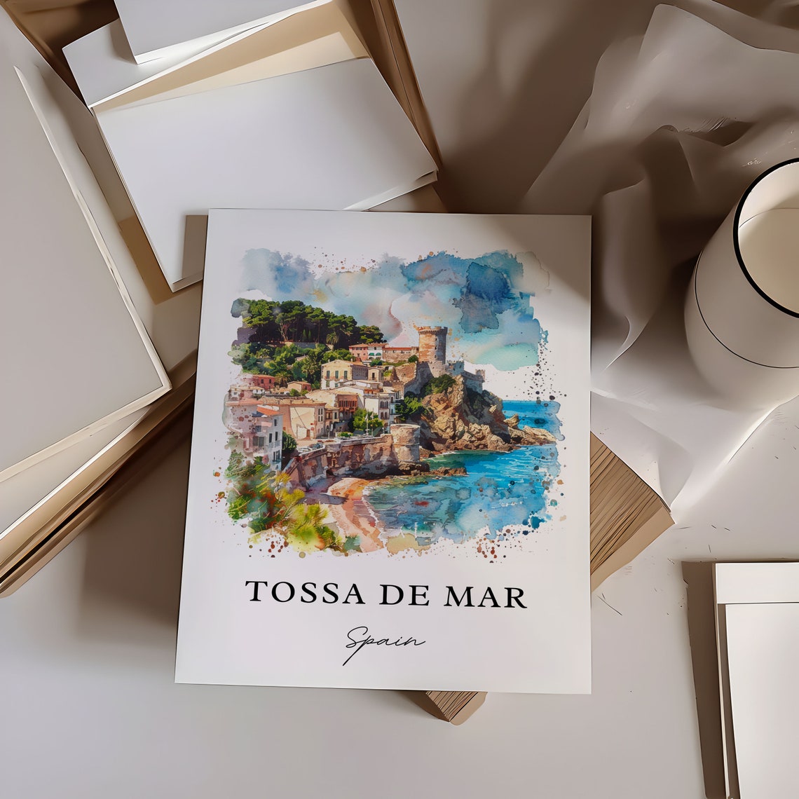 Tossa de Mar Spain Medieval Tower Coastal Watercolor Beach Poster - Image 6
