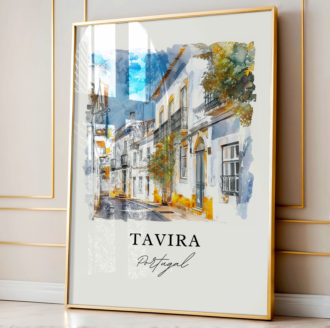 Tavira Portugal Algarve Whitewashed Street Watercolor Poster - Image 4