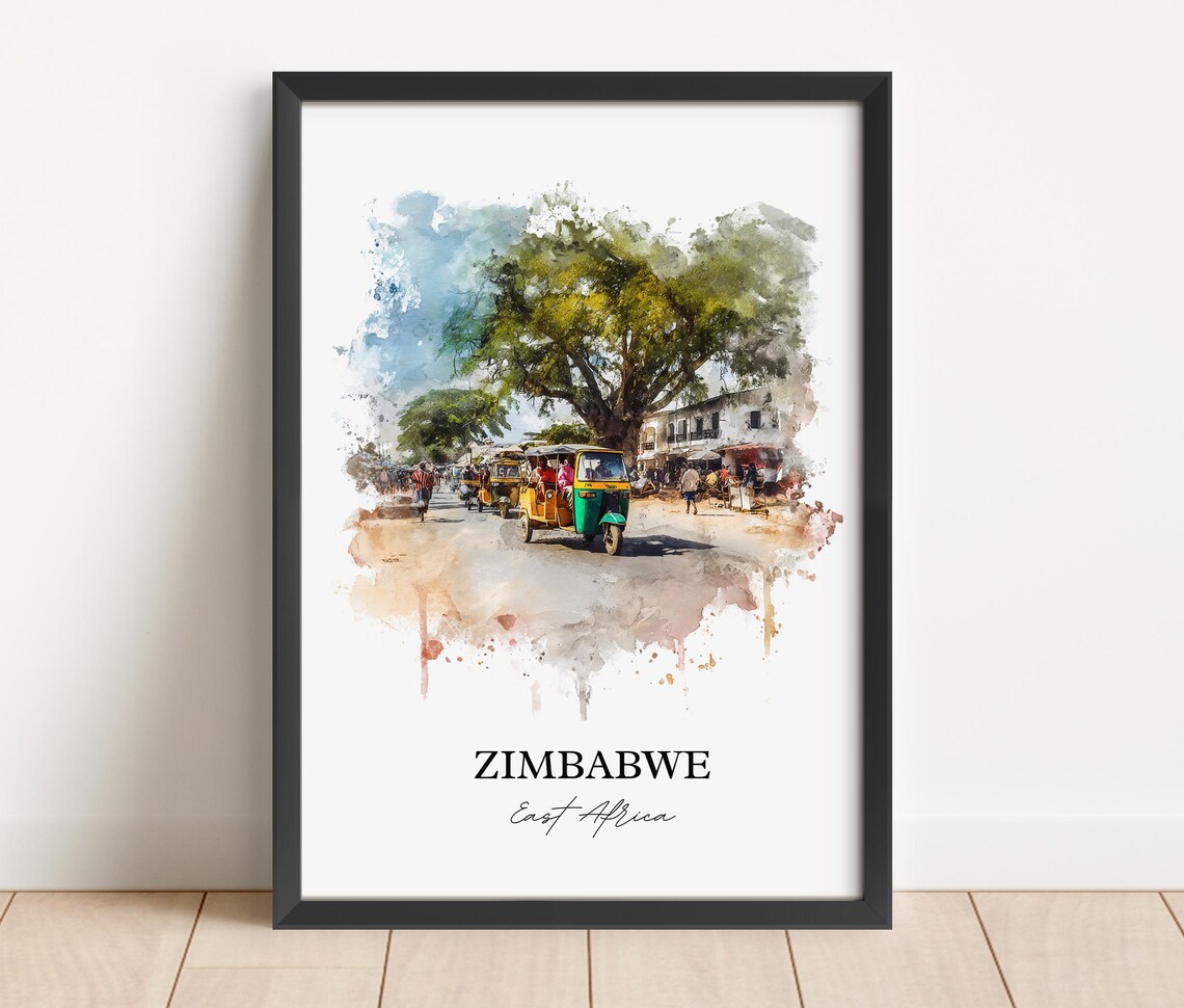 Zimbabwe East Africa Tuk Tuk Street Scene Watercolor Travel Poster - Image 2