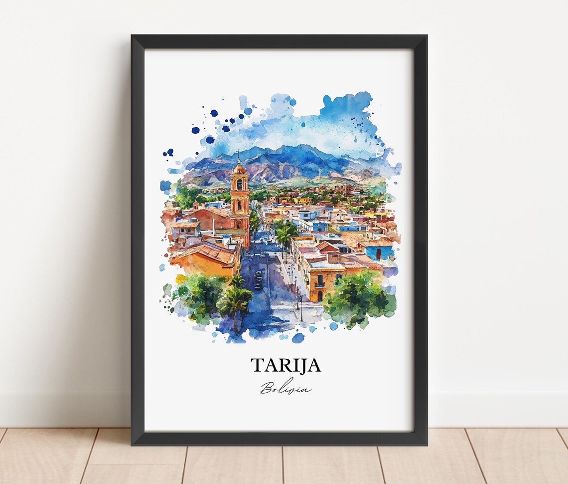 Tarija Bolivia Watercolor City View Church Tower Mountain Poster - Image 4