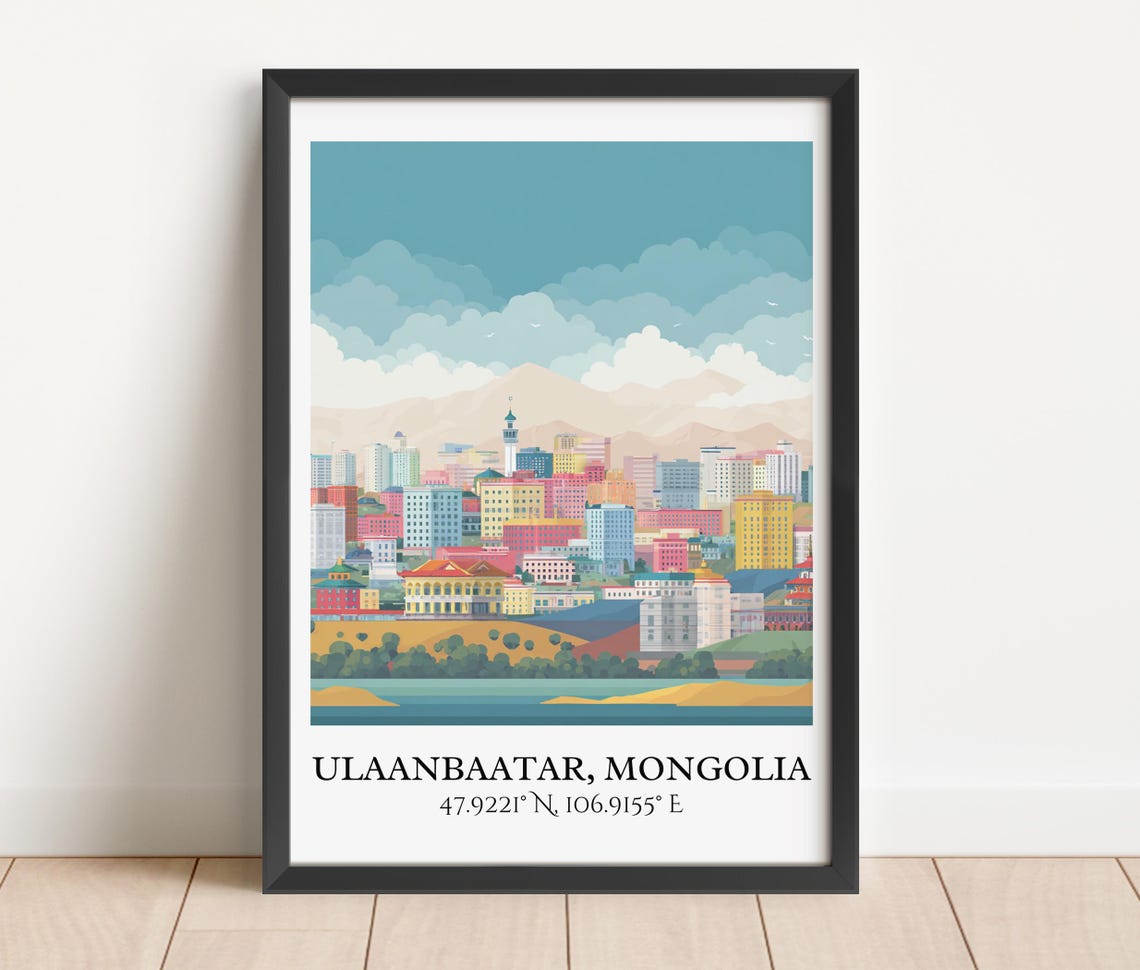 Ulaanbaatar Mongolia City Skyline Mountain Retro Travel Art Poster - Image 3