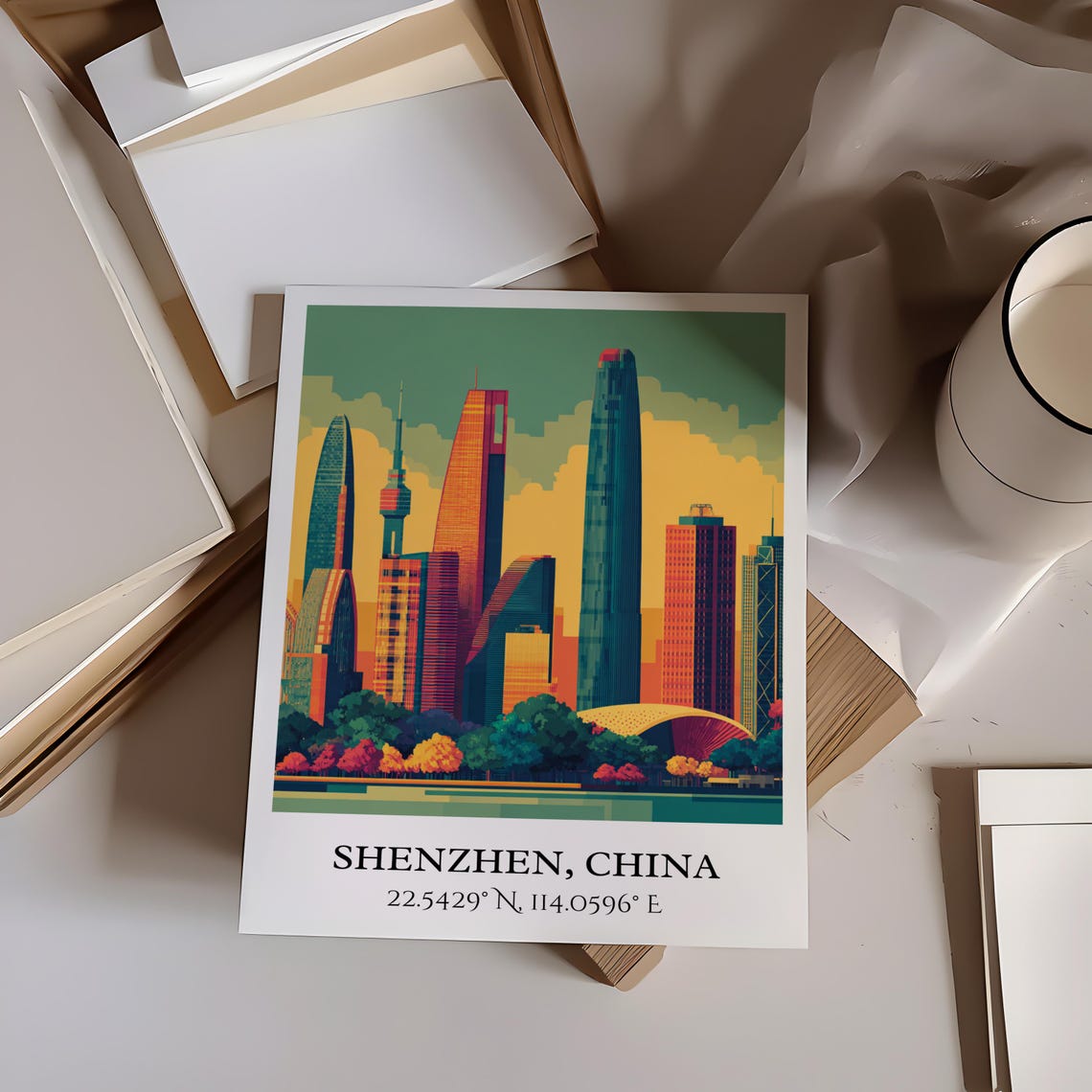 Shenzhen China Supertall Skyscrapers Skyline Retro Travel Art Poster - Image 3