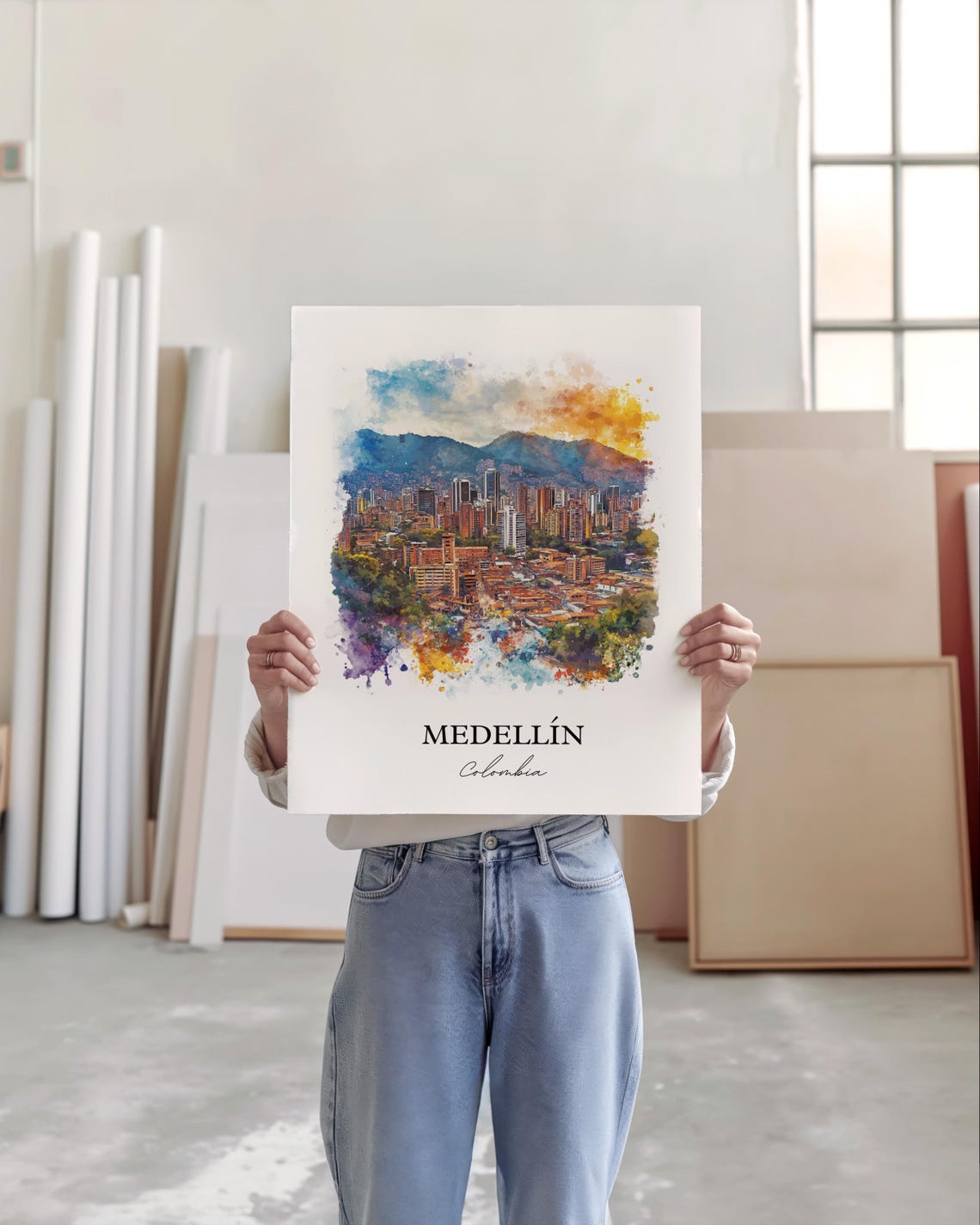 Medellin Colombia Watercolor City Towers Mountain Sunset Poster - Image 4