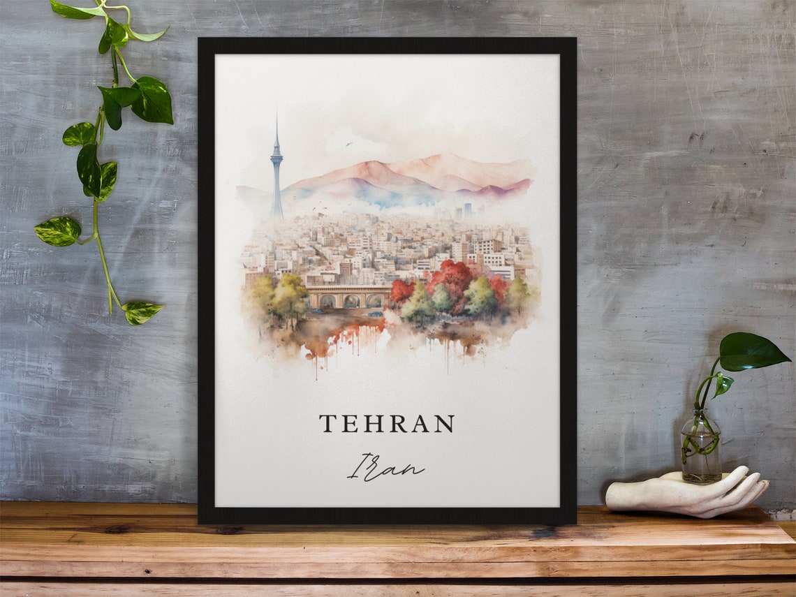 Tehran Iran Watercolor Skyline Milad Tower Mountain City Poster - Image 2