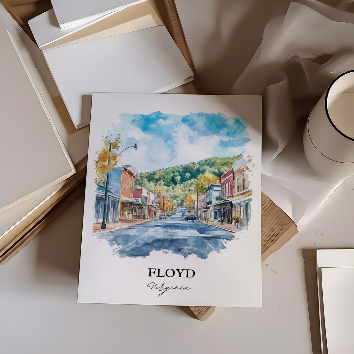 Floyd Virginia Main Street Mountain Backdrop Watercolor Travel Poster - Image 2