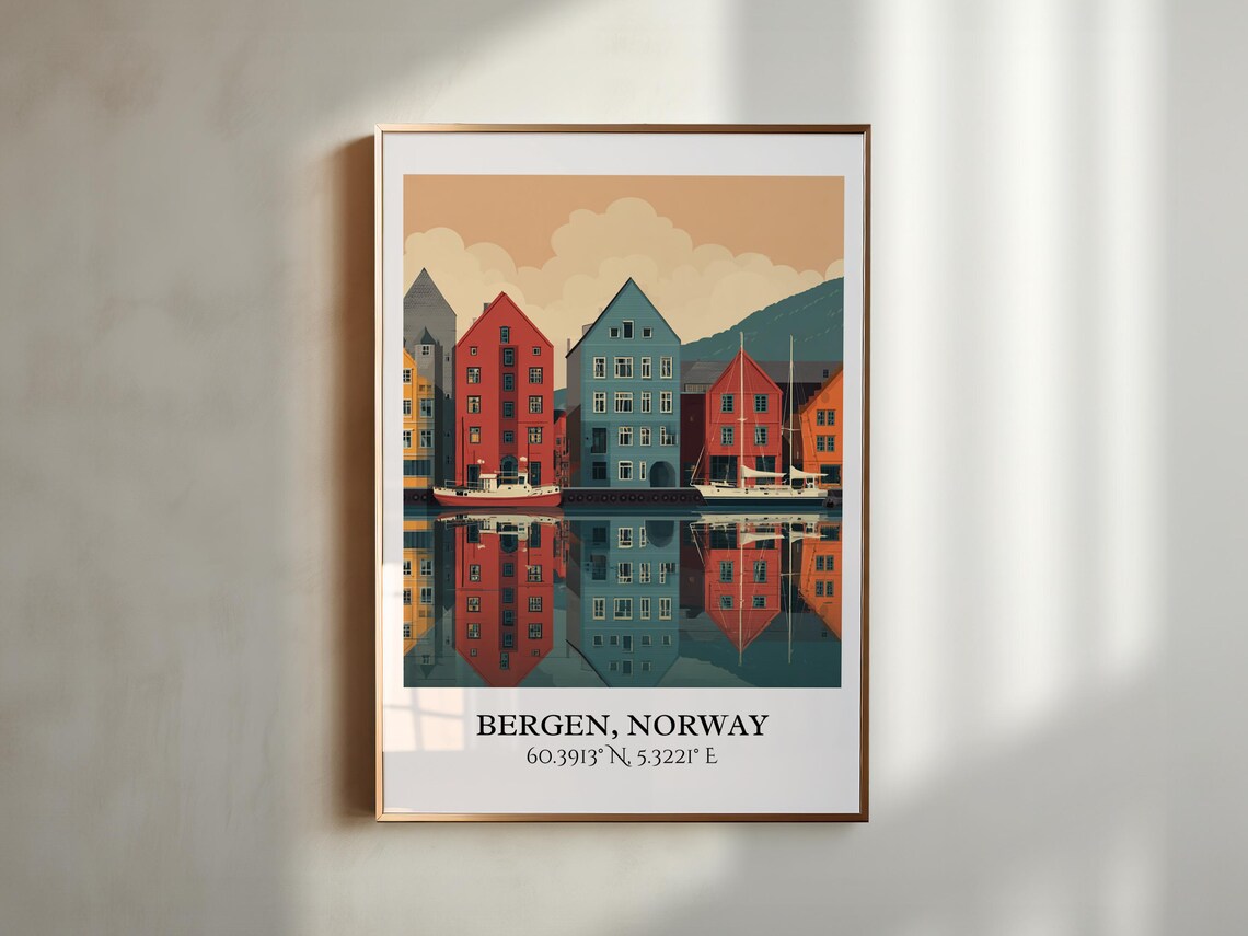 Bergen Norway Bryggen Wharf Colorful Houses Harbor Travel Poster - Image 6
