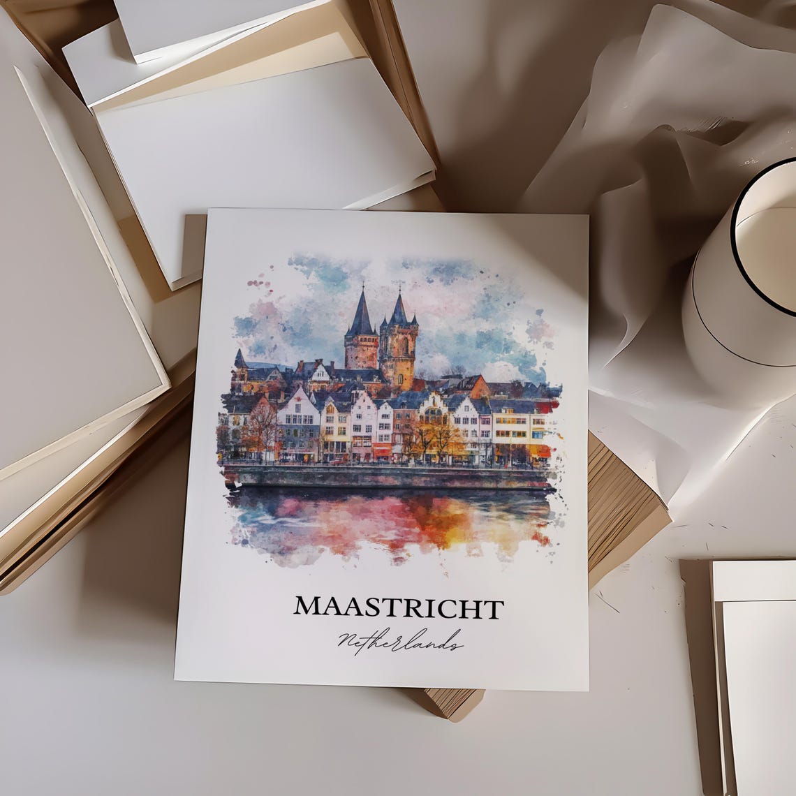 Maastricht Netherlands Riverside Old Town Watercolor Travel Poster - Image 3