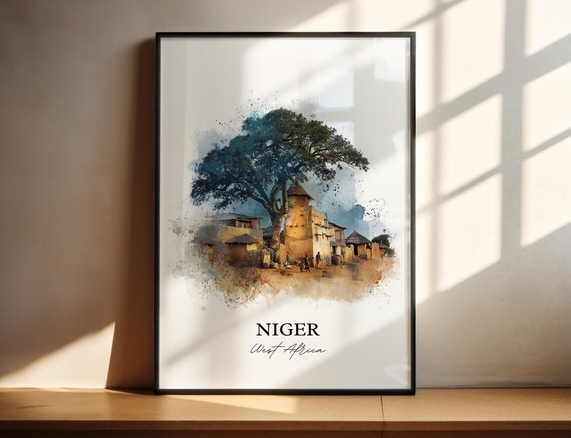 Niger West Africa Desert Village Baobab Shade Watercolor Poster
