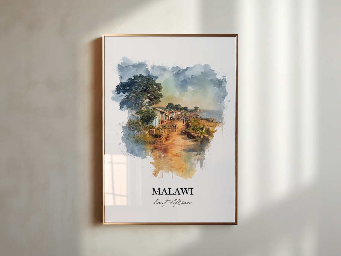 Malawi East Africa Lakeside Village Road Watercolor Travel Poster - Image 5