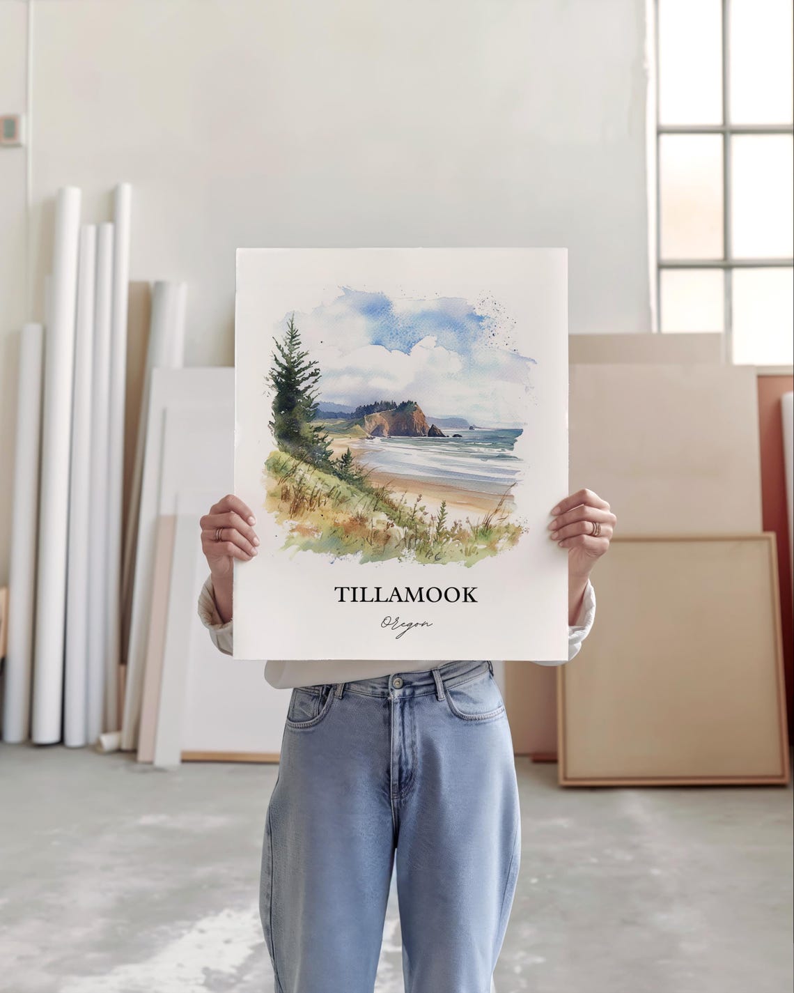 Tillamook Oregon Coast Beach Cliffs Watercolor Travel Poster - Image 5
