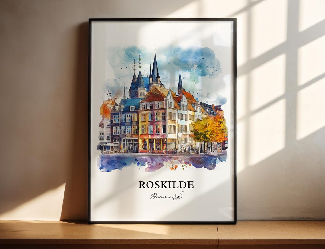 Roskilde Denmark Colorful Old Town and Spires Watercolor Poster