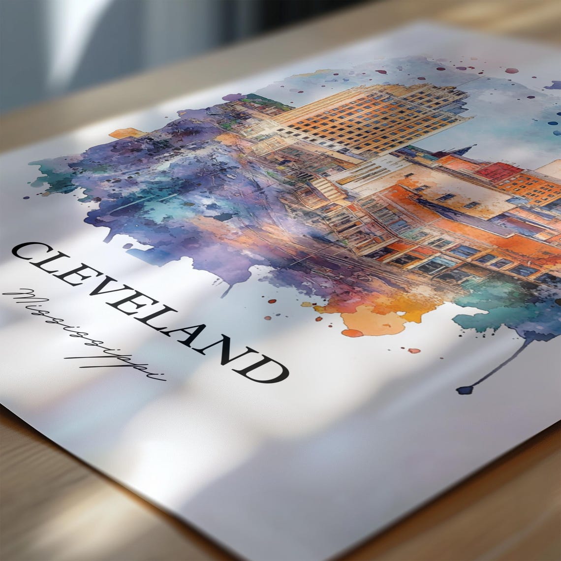 Cleveland Mississippi Downtown Skyline Splash Watercolor Poster - Image 4