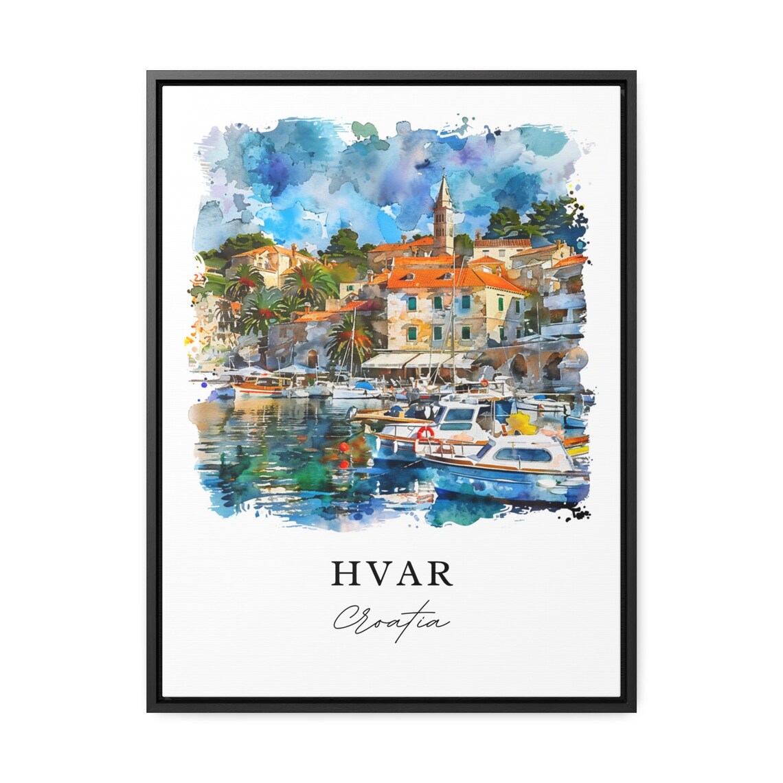 Hvar Croatia Marina Boats Watercolor Minimalist Travel Poster - Image 3