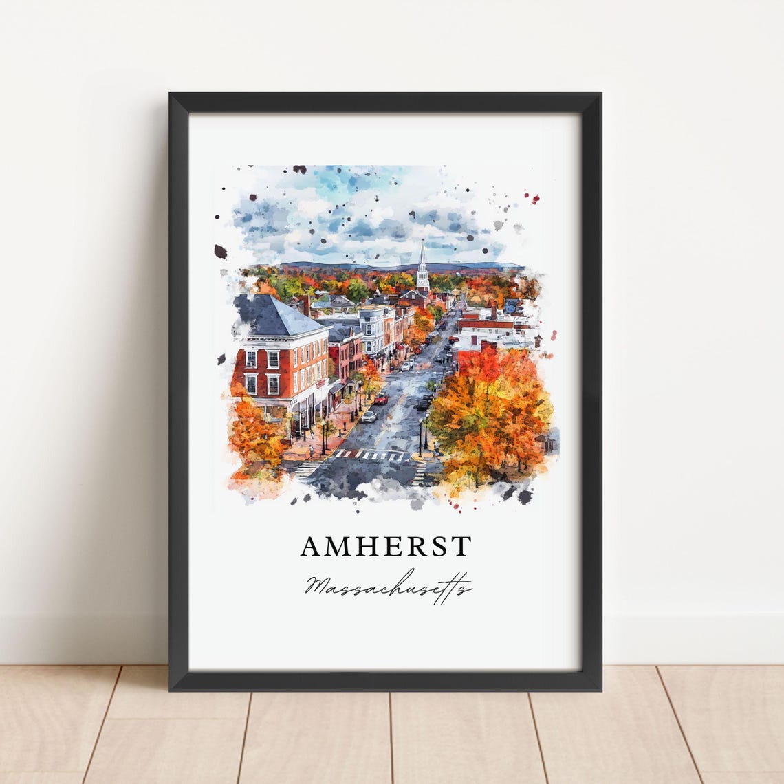 Amherst Massachusetts Fall Foliage Street Watercolor Travel Poster