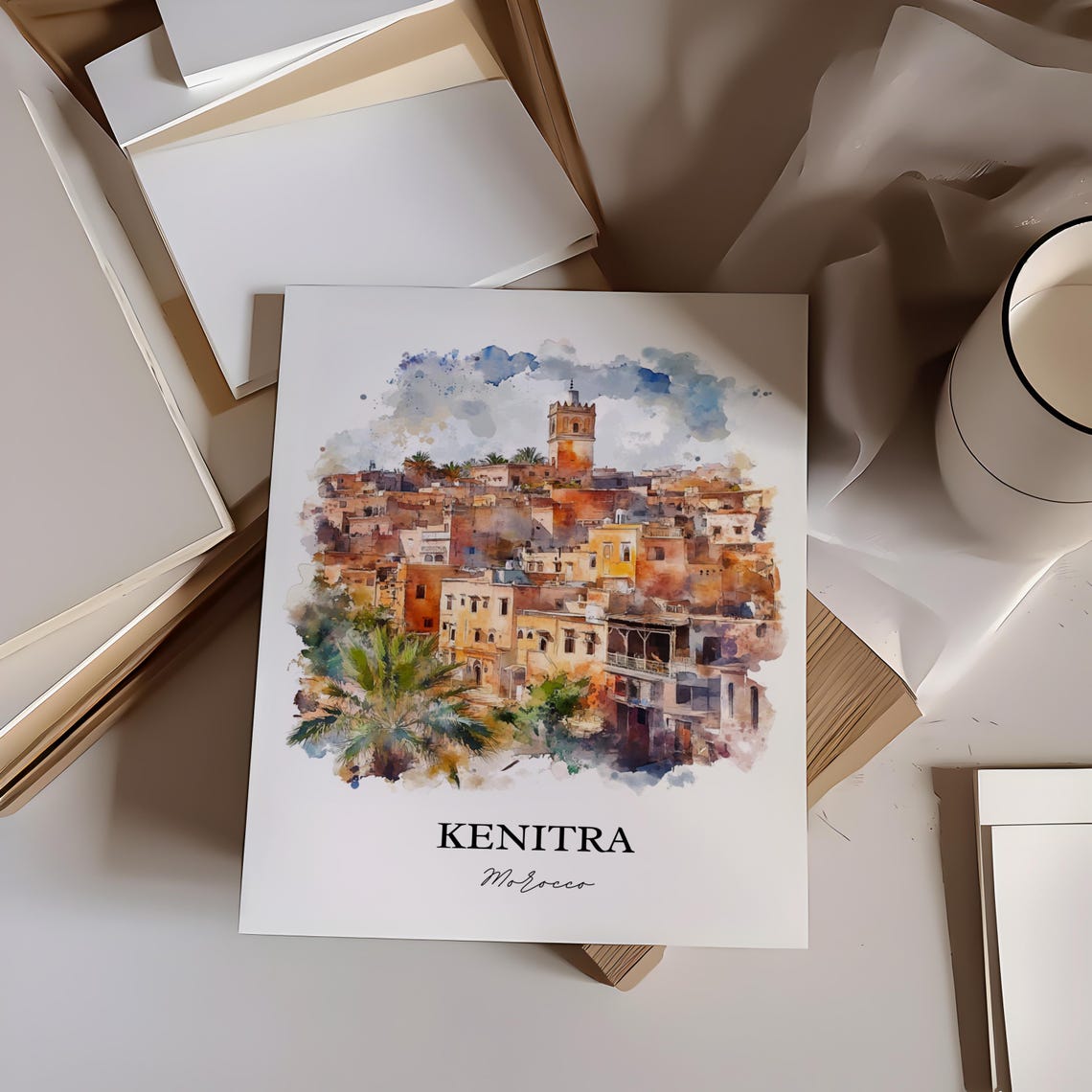 Kenitra Morocco Old Medina Hillside Watercolor Travel Art Poster - Image 3
