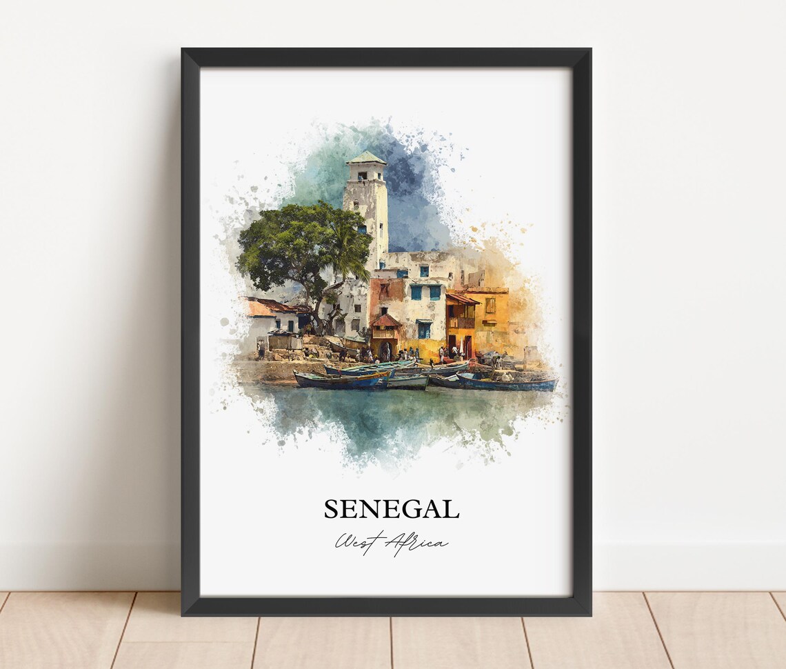 Senegal West Africa Fishing Harbor Boats Watercolor Travel Poster - Image 2