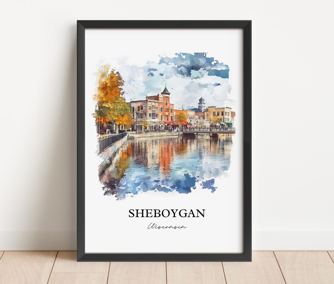 Sheboygan Wisconsin Watercolor Riverfront Downtown Autumn Trees Poster - Image 2