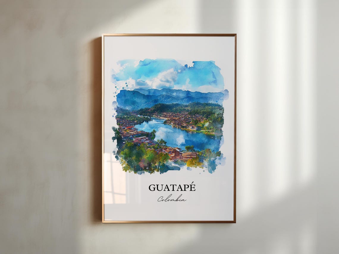 Guatape Colombia Watercolor Aerial Lake Town View Scene Poster - Image 5