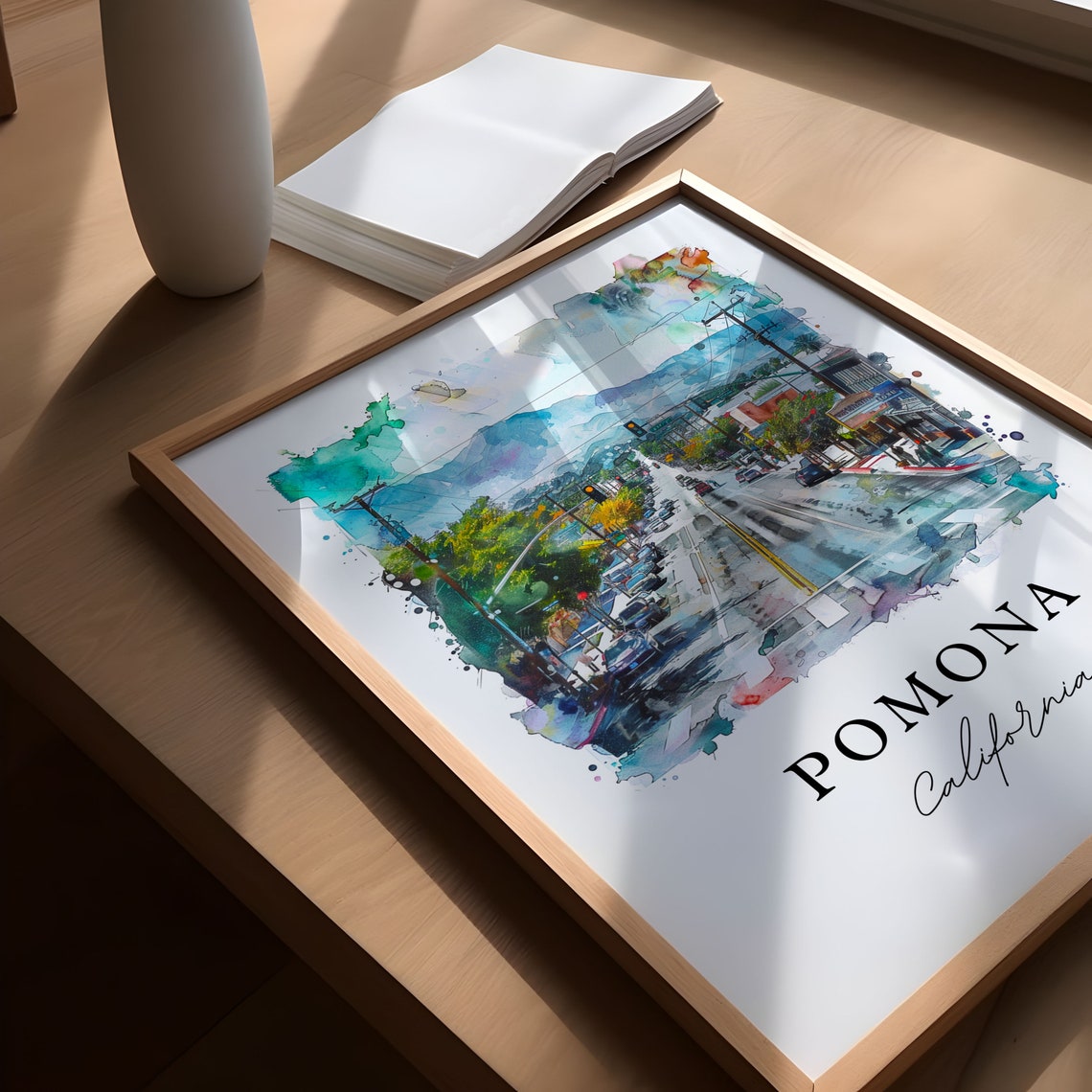 Pomona California Watercolor Downtown Street Mountain View Poster - Image 5
