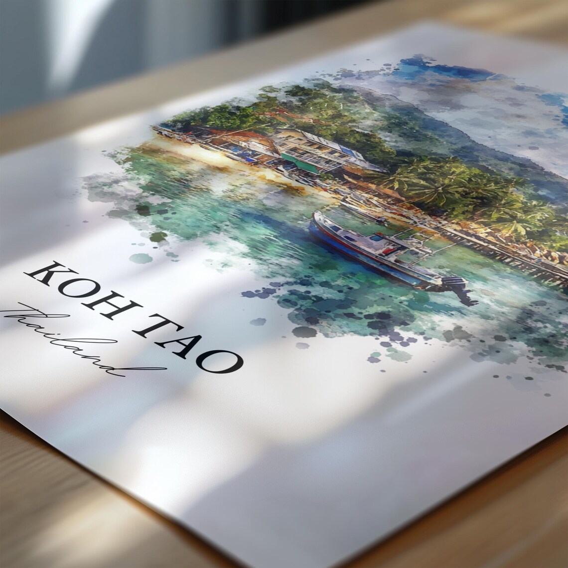 Koh Tao Thailand Watercolor Tropical Beach Fishing Boat Art Poster - Image 4