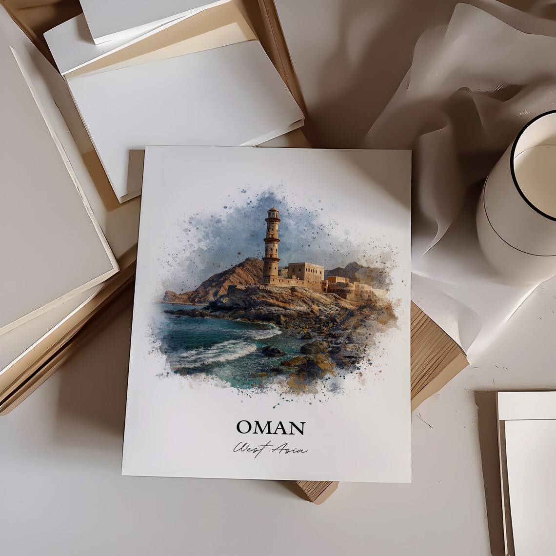 Oman West Asia Coastal Watchtower Fort Watercolor Travel Poster - Image 3
