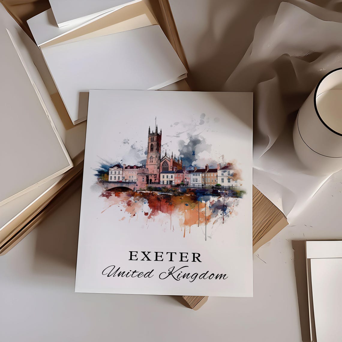 Exeter United Kingdom Cathedral City Watercolor Riverside Poster - Image 5