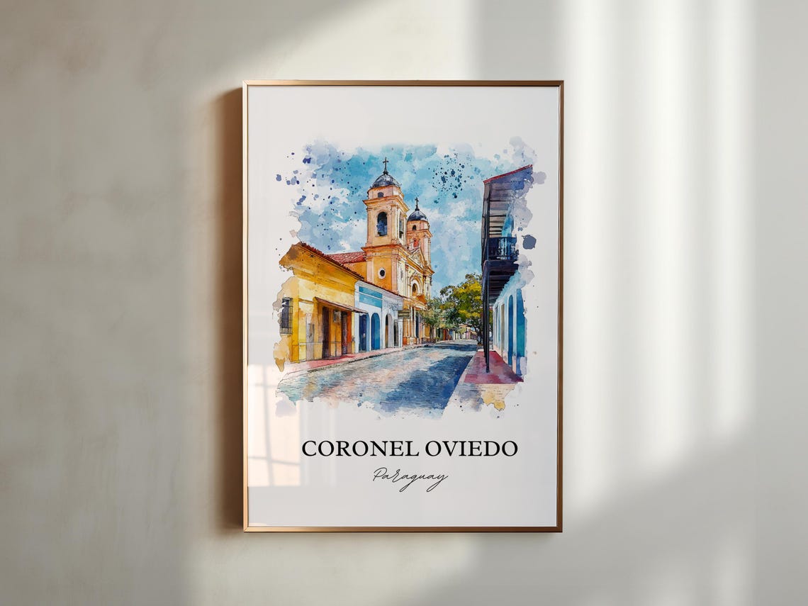 Coronel Oviedo Paraguay Watercolor Church Colonial Street Poster - Image 4