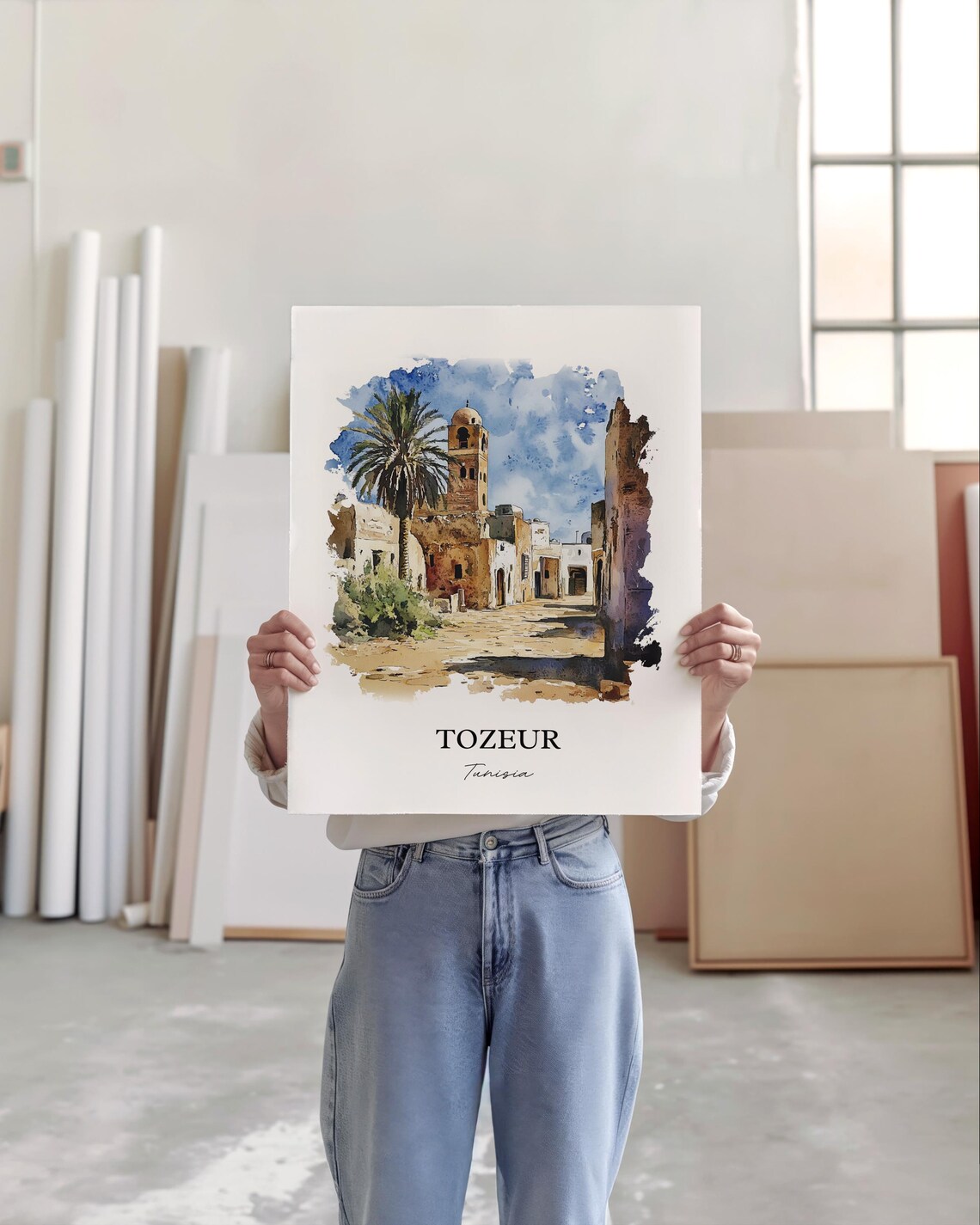 Tozeur Tunisia Old Desert Town Tower Palm Watercolor Travel Poster - Image 4
