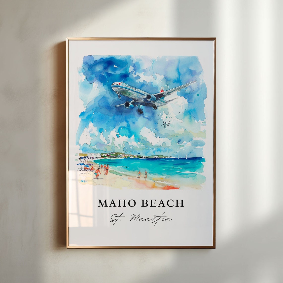 Maho Beach Saint Maarten Low Flying Jet Beach Watercolor Poster
