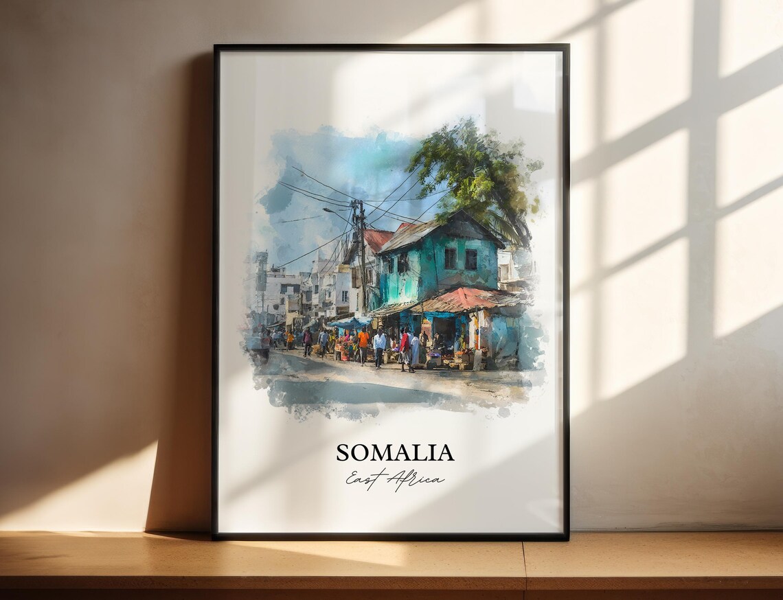 Somalia East Africa Market Street Scene Watercolor Travel Poster