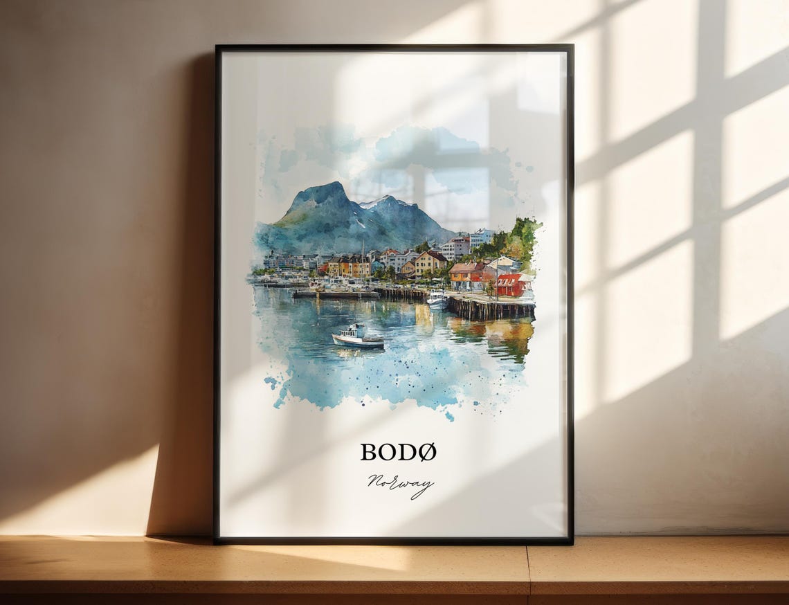 Bodo Norway Watercolor Harbor Town Mountain View Travel Poster