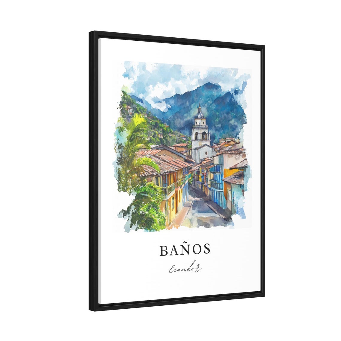 Baños Ecuador Watercolor Mountain Town Church Street Art Poster - Image 2